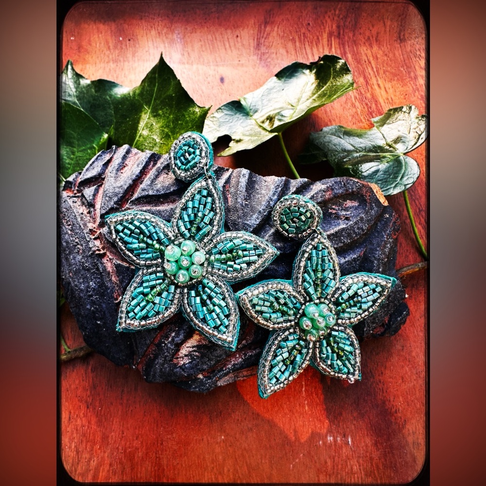 Handmade Light Blue Beaded Flower Drop Earrings
